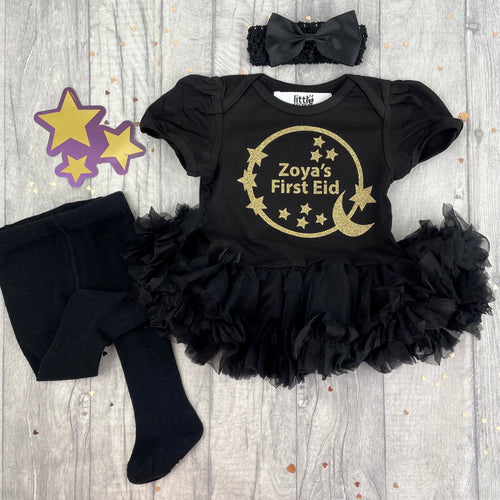 Personalised First Eid Baby Girl Black Tutu Romper Set, Gold Glitter