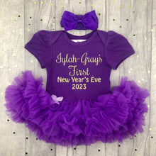 Load image into Gallery viewer, First New Year&#39;s Eve 2023 Personalised Baby Girl Tutu Romper With Matching Bow Headband

