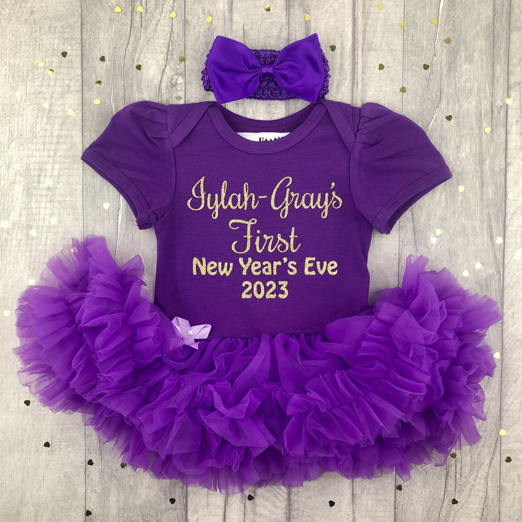 First New Year's Eve 2023 Personalised Baby Girl Tutu Romper With Matching Bow Headband