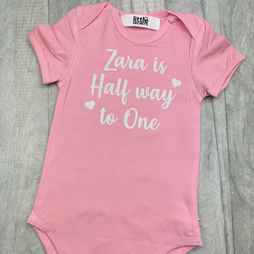 Half Way To One Personalised 6 Month Birthday Pink Romper