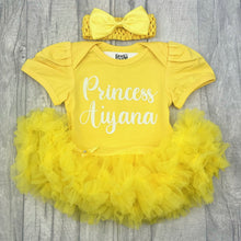 Load image into Gallery viewer, Yellow baby outfit with personalised name &#39;Princess Aiyana&#39;
