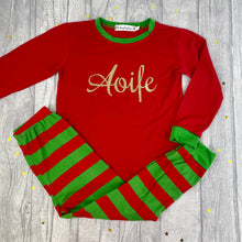 Load image into Gallery viewer, Personalised Red and Green Little Girls &amp; Boys Christmas Pyjamas
