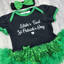 Load image into Gallery viewer, Personalised First St Patrick&#39;s Day Baby Girl Tutu Romper With Bow Headband
