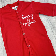 Load image into Gallery viewer, Babies red sleepsuit romper with white glitter snowflakes design and lettering saying Personalised Name&#39;s 1st Christmas.
