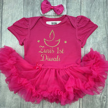 Load image into Gallery viewer, Baby girls dark pink tutu romper with matching bow headband above. The tutu romper features a gold glitter diya candle design with script lettering underneath saying Personalised Name 1st Diwali.
