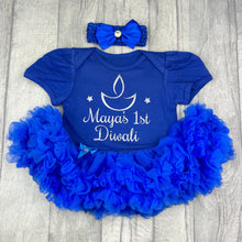 Load image into Gallery viewer, Baby girls royal blue tutu romper with matching bow headband above. The tutu romper features silver glitter Diya candle design with script lettering underneath saying Personalised Name 1st Diwali
