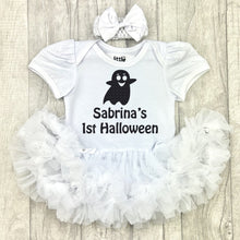 Load image into Gallery viewer, Baby girls white short sleeve tutu romper with bow headband above. The tutu romper features ghost design and lettering underneath saying Name&#39;s 1st Halloween
