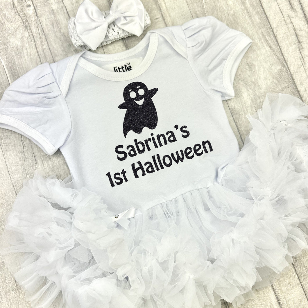 Personalised 1st Halloween Ghost Baby Girl Tutu Romper With Headband