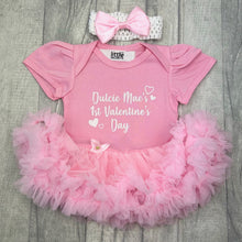 Load image into Gallery viewer, Baby Girls Personalised 1st Valentine's Day Dress, Newborn Red Tutu Romper With Headband, White Love Hearts
