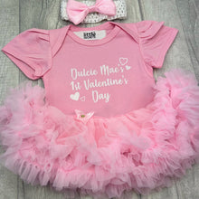 Load image into Gallery viewer, Baby Girls Personalised 1st Valentine's Day Dress, Newborn Red Tutu Romper With Headband, White Love Hearts

