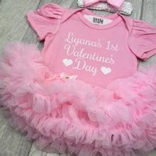 Load image into Gallery viewer, Personalised 1st Valentine's Day Baby Girl Pink Tutu Romper With Headband, White Glitter Design
