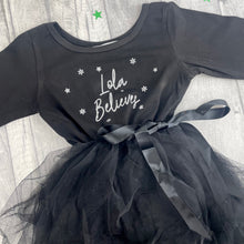 Load image into Gallery viewer, Girls Christmas Tutu Dress, Long Sleeve Black Personalised &#39;Believes&#39; Christmas Outfit
