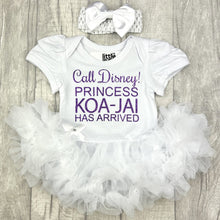 Load image into Gallery viewer, Call Disney! Princess... Has Arrived Personalised Baby Girl Tutu Romper With Headband, Purple Glitter Design
