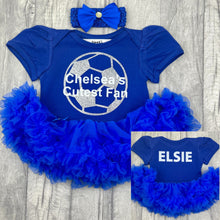 Load image into Gallery viewer, Baby girls short sleeve cotton soft royal blue tutu romper with bow headband above. The front of the tutu romper features a silver glitter football design and white text central over the top saying Chelsea&#39;s Cutest Fan. On the back for the tutu romper features personalised name.
