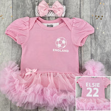 Load image into Gallery viewer, Baby Girls Personalised England Football Tutu Romper Dress
