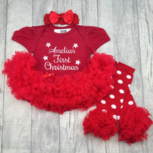 Load image into Gallery viewer, Baby Girl&#39;s First Christmas Personalised Red Tutu Romper, Headband &amp; Spotty Legwarmers
