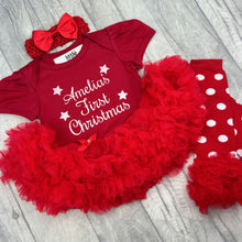 Load image into Gallery viewer, Baby Girl&#39;s First Christmas Personalised Red Tutu Romper, Headband &amp; Spotty Legwarmers
