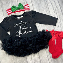 Load image into Gallery viewer, Personalised First Christmas Baby Girl Outfit Set, Black Long Sleeve Tutu Romper with Sequin Headband and Red Socks
