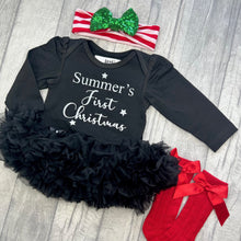 Load image into Gallery viewer, Personalised First Christmas Baby Girl Outfit Set, Black Long Sleeve Tutu Romper with Sequin Headband and Red Socks
