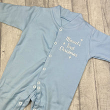 Load image into Gallery viewer, First Christmas Baby Boys &amp; Girls Sleepsuit, Personalised Silver Star Christmas Pyjamas
