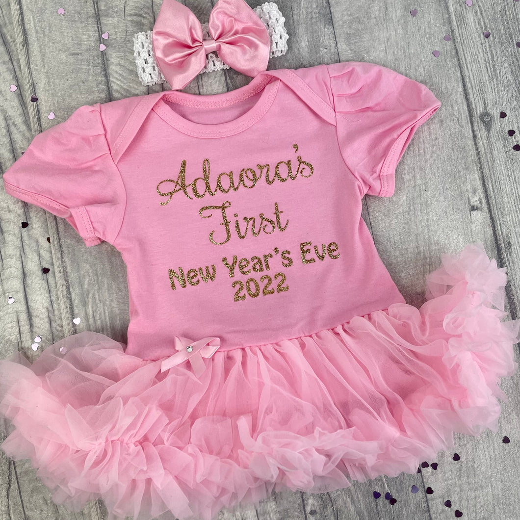 First New Year's Eve 2024 Personalised Baby Girl Party Dress Tutu Romper With Headband