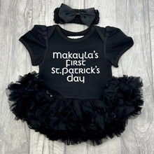 Load image into Gallery viewer, Personalised First St Patrick&#39;s Day Sequin Tutu Romper With Matching Bow Headband
