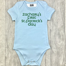 Load image into Gallery viewer, Personalised First St. Patrick&#39;s Day Short Sleeve blue Romper, Irish Celebrations
