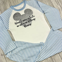 Load image into Gallery viewer, Blue and White striped Pyjama Set. The top features silver glitter Mickey Mouse design with Black Disney lettering saying When I wake up I will be going to Disney Personalised Name
