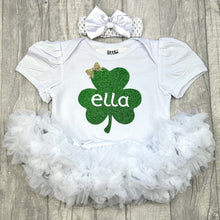 Load image into Gallery viewer, Personalised Shamrock St Patrick&#39;s Day Tutu Romper With Bow Headband, Irish Dress
