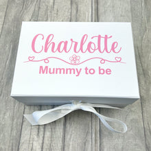 Load image into Gallery viewer, Small white gift box with light pink Personalised Name and Mummy To Be design.
