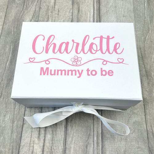 Small white gift box with light pink Personalised Name and Mummy To Be design.