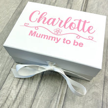 Load image into Gallery viewer, Small white gift box with light pink Personalised Name and Mummy To Be design.
