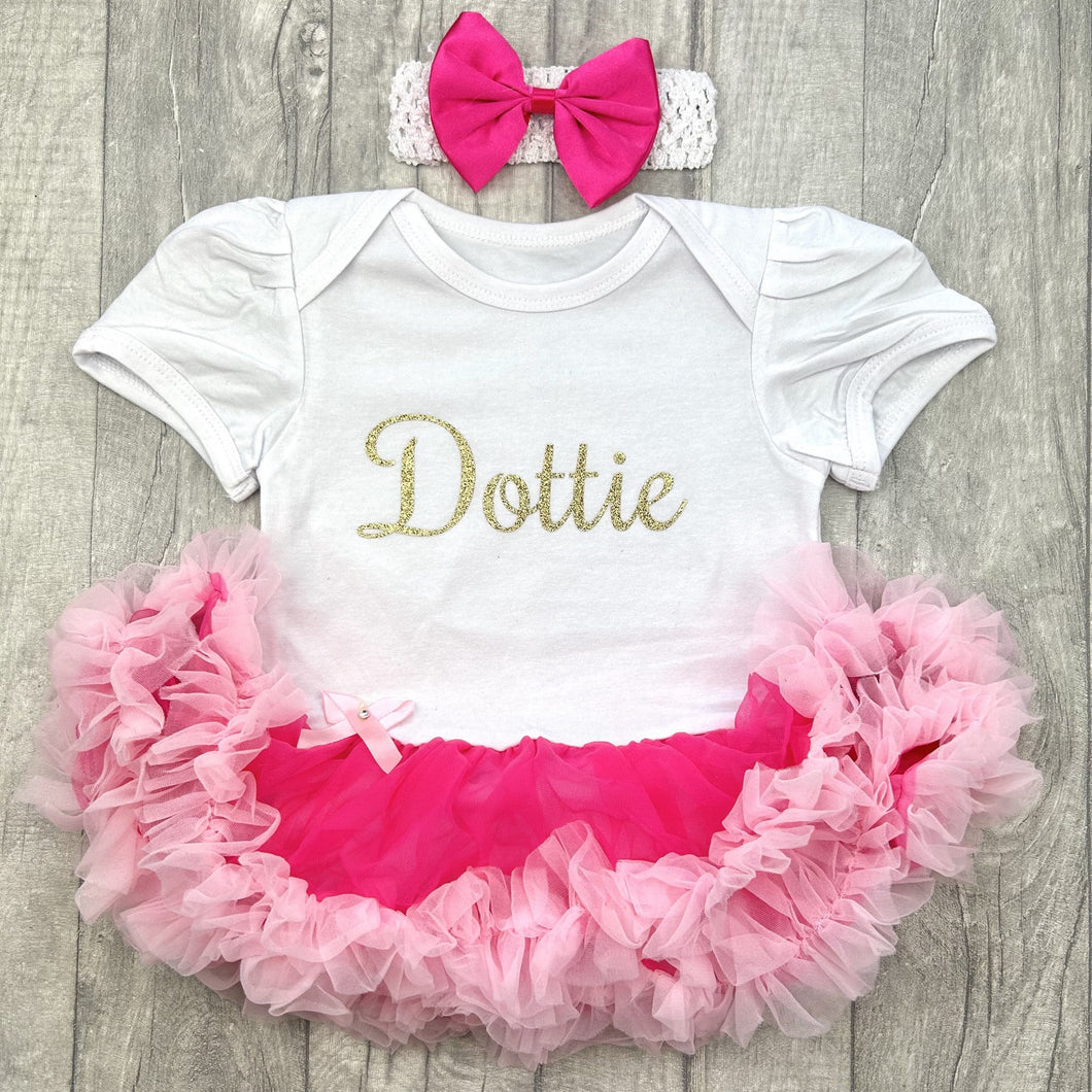 Personalised Baby Girl Tutu Romper With Headband, Gold Glitter Name