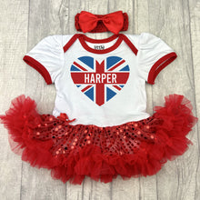 Load image into Gallery viewer, Baby girls short sleeve white with red sequin tutu romper with red bow headband above. The tutu romper features a union jack love heart design with personalised name in the middle.
