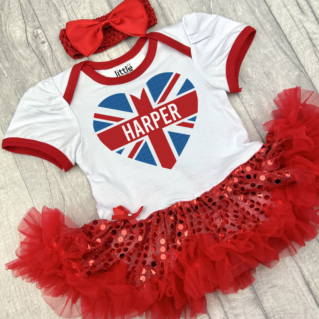 Baby Girls Personalised Union Jack Heart Tutu Romper Sequin Dress