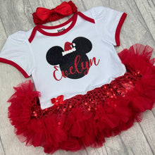 Load image into Gallery viewer, Personalised Minnie Mouse Christmas Sequin Tutu Romper with Matching Bow Headband, Disney
