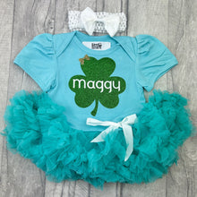 Load image into Gallery viewer, Personalised Shamrock St Patrick&#39;s Day Tutu Romper With Bow Headband, Irish Dress
