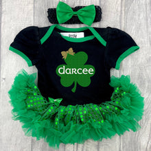 Load image into Gallery viewer, Personalised Shamrock St Patrick&#39;s Day Tutu Romper With Bow Headband, Irish Dress
