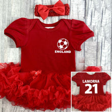 Load image into Gallery viewer, Baby Girls Personalised England Football Tutu Romper Dress

