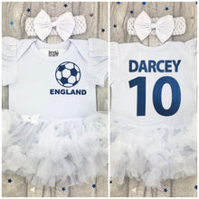 Load image into Gallery viewer, Baby Girls Personalised England Football Tutu Romper Dress
