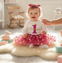 Load image into Gallery viewer, Personalised Baby Girl 1st Birthday Tutu Outfit, Pink Polka Dot Romper, Skirt &amp; Headband Set
