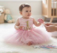 Load image into Gallery viewer, Personalised Baby Girl Birthday Tutu Dress with Name &amp; Age, Pink Stripe Party Dress
