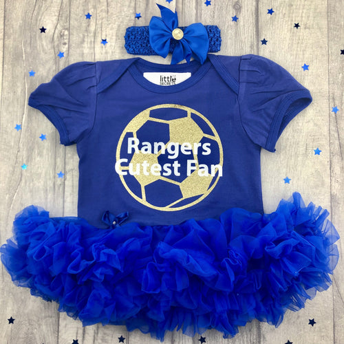 Blue Baby Girls Rangers Cutest Fan Tutu Romper Dress, Featuring Gold Football design and white text, Including matching blue headband.
