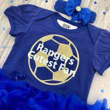 Load image into Gallery viewer, Blue Baby Girls Rangers Cutest Fan Tutu Romper Dress, Featuring Gold Football design and white text, Including matching blue headband.
