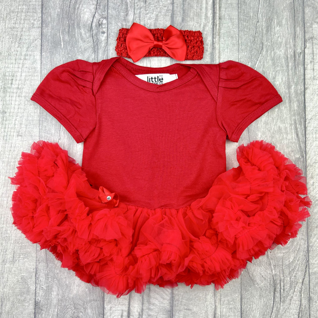 Plain Red Baby Girl Tutu Romper With Matching Bow Headband