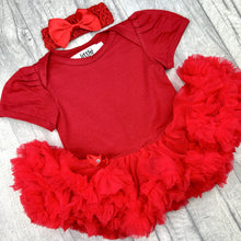 Load image into Gallery viewer, Plain Red Baby Girl Tutu Romper With Matching Bow Headband
