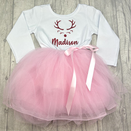 Girls Christmas Dress, Personalised Reindeer Long Sleeve Tutu Dress - Red Design