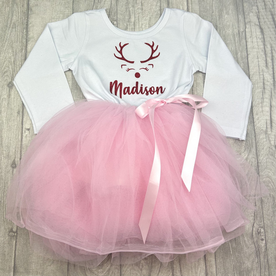 Girls Christmas Dress, Personalised Reindeer Long Sleeve Tutu Dress - Red Design