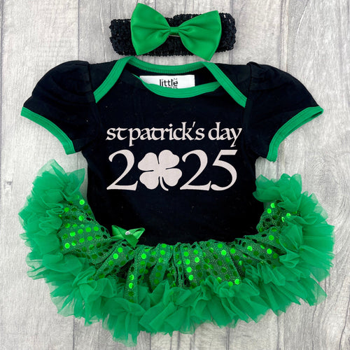 St Patrick's Day 2025, Baby Girl Black and Green Sequin Tutu Romper With Headband