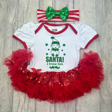 Load image into Gallery viewer, Baby Girl Christmas Elf Outfit, Tutu Romper with Sequin Bow Headband, SANTA! I Know Him
